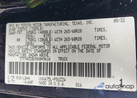 2022 Toyota Tundra 1794 Edition z USA, uszkodzony, nr VIN 5TFMA5DBXNX049616